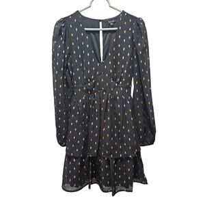 Trixxi Y2K Babydoll Deep V Sheer Long Sleeve Tiered Mini Dress Black Metallic  S